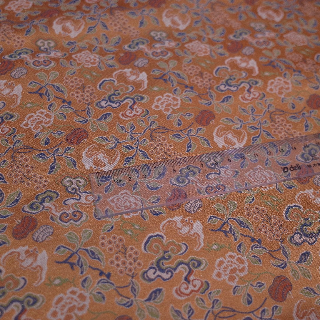 59"W Song Brocade Fabric: Eight Treasures Ganoderma Lucidum Pattern