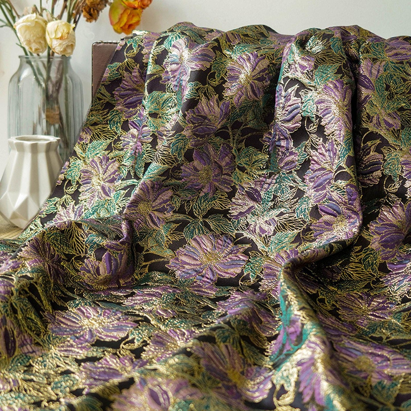 Gold Thread Jacquard Fabric: Retro Reversible Upholstery, Costume, Decor