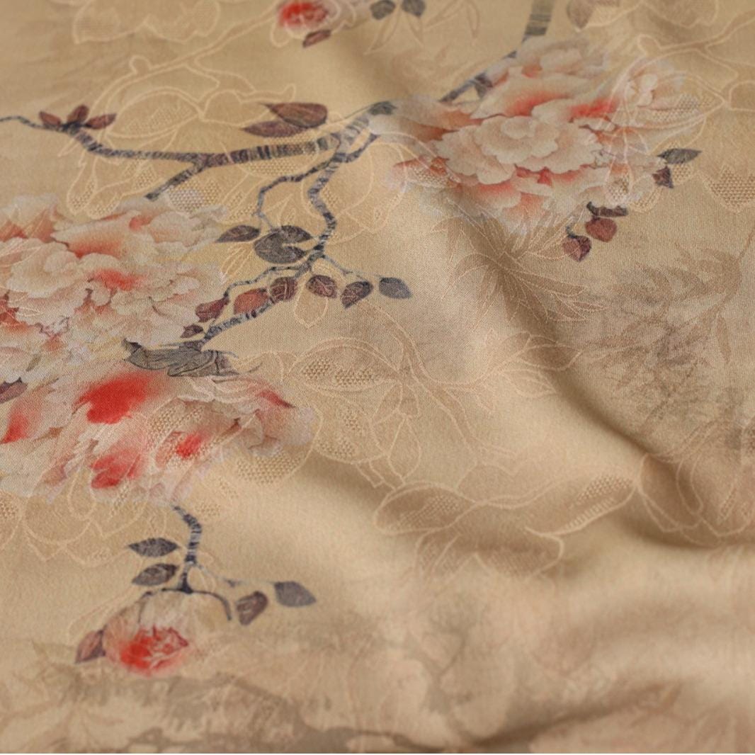 Floral Butterfly Print Fabric: Gambiered Canton Gauze Tea Silk