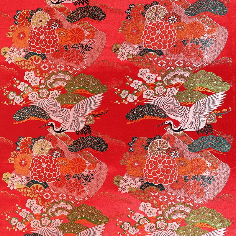 Japanese Crane Fabric: Gold Jacquard Satin, 29.5"W Rayon