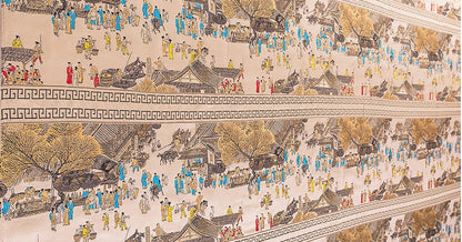 Khaki Silk Brocade Fabric: Ancient Chinese Painting, 118" Wide