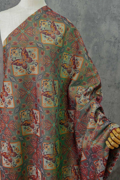 Butterfly Floral Jacquard Fabric: Ethnic Green Iridescent Sewing Material (59"W, By The Meter)