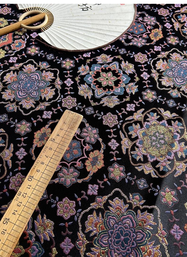 Black Baoxiang Brocade Fabric: 56"W Rayon Blend for Cheongsam, Robes, Decor