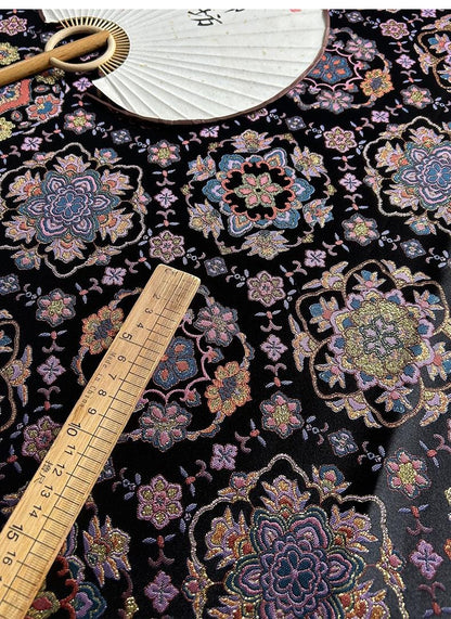 Black Baoxiang Brocade Fabric: 56"W Rayon Blend for Cheongsam, Robes, Decor