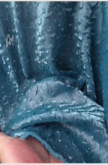 Sea Blue Crepe Mesh Fabric, 3D Wavy Pleated Designer Fabric