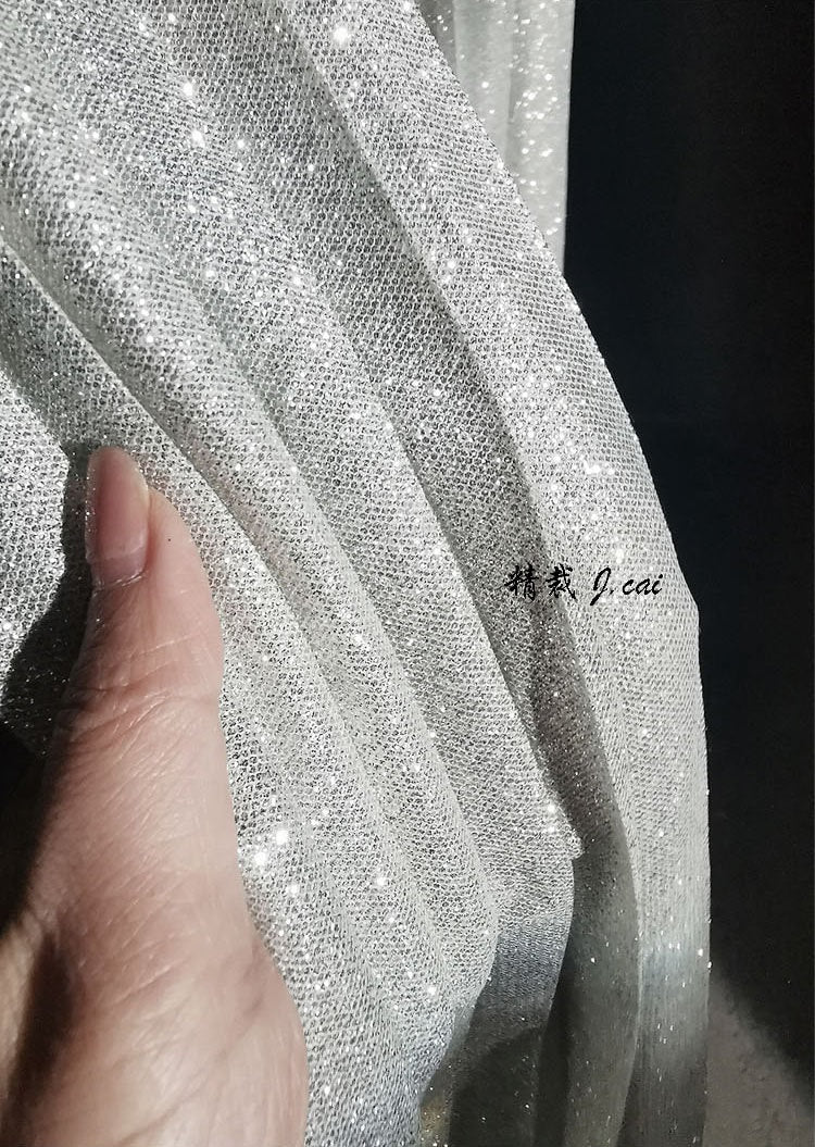 Silver Glitter Pleated Knitted Fabric: 59"W Crepe Cosplay Fabric