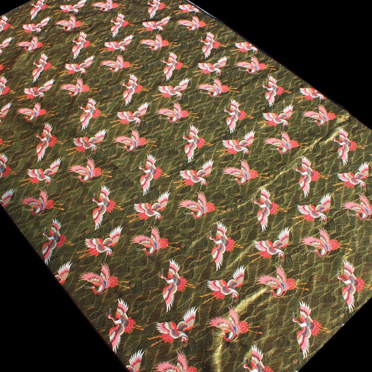 Crane Pattern Jacquard Satin Fabric: 58"W Rayon Brocade by the Meter