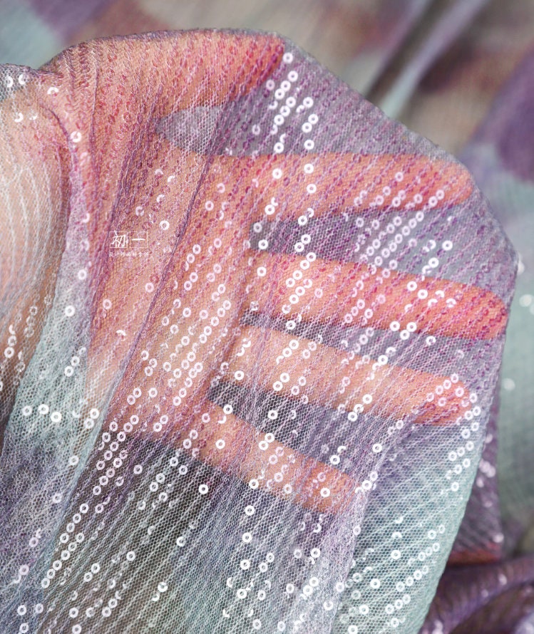 Lilac Green Sequin Mesh Fabric, Embroidered Scale Design, 49"W