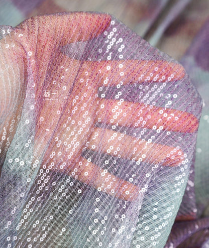 Lilac Green Sequin Mesh Fabric, Embroidered Scale Design, 49"W