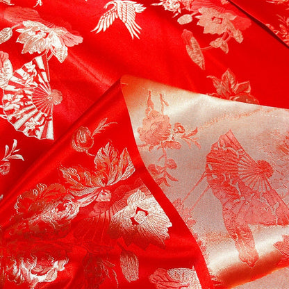Crane Jacquard Satin Fabric: Red Bird Pattern, 29" Wide, By The Meter