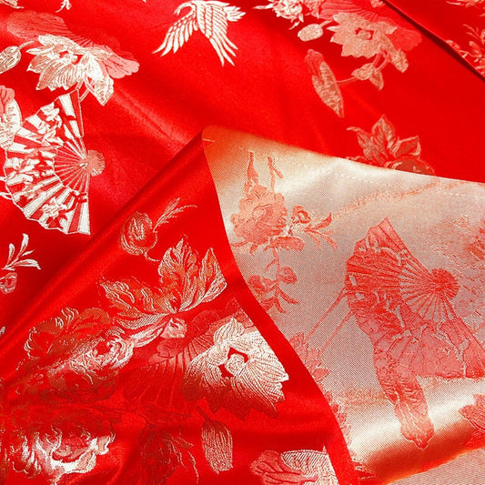 Crane Jacquard Satin Fabric: Red Bird Pattern, 29" Wide, By The Meter