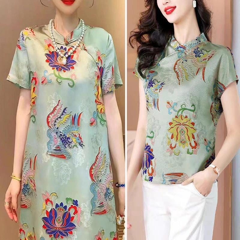 Tissu brocart de soie Phoenix & Lotus : Cheongsam vert clair, costume Tang, Hanfu