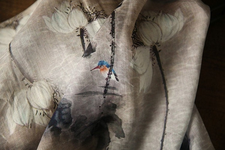 Floral Ramie Fabric: Gray Ancient Ink Painting, 57" Wide