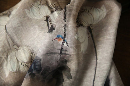 Floral Ramie Fabric: Gray Ancient Ink Painting, 57" Wide
