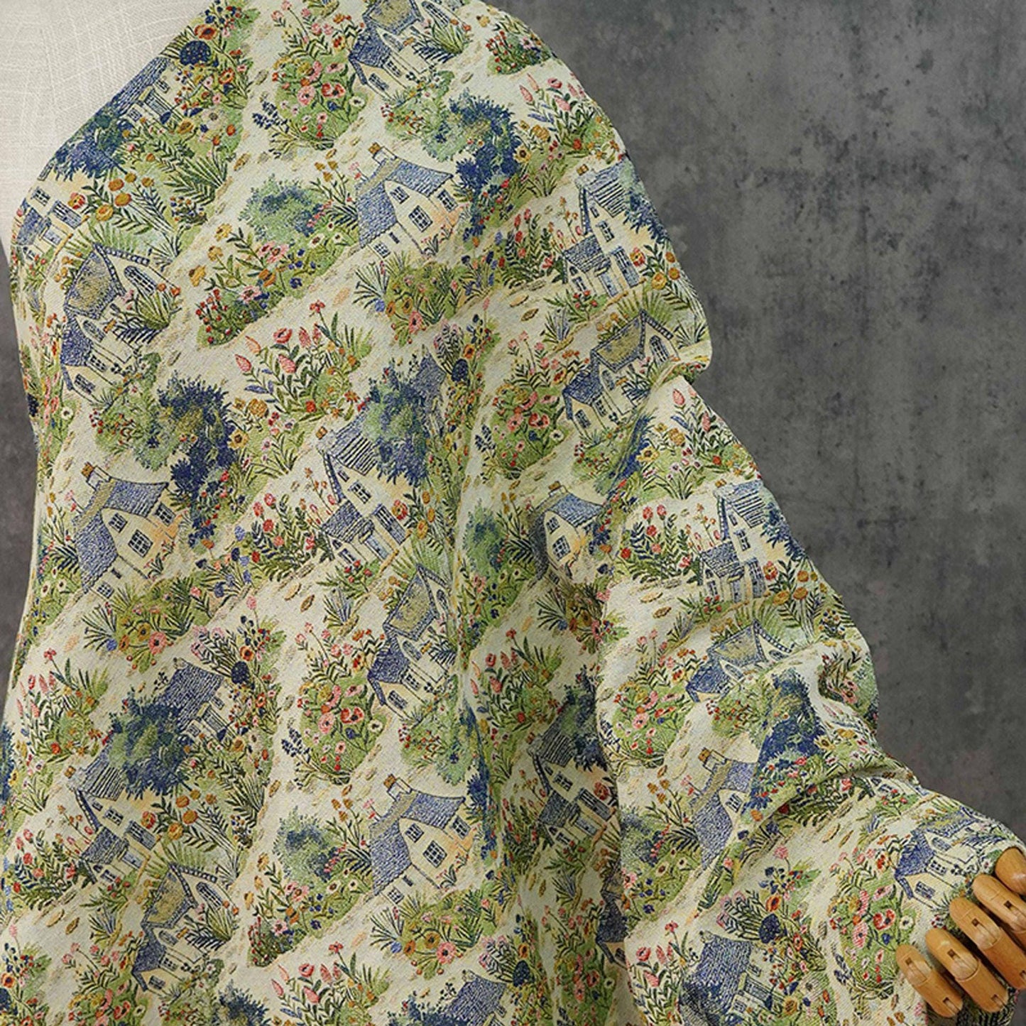 Pastoral Oil Painting Style Jacquard Fabric, Countryside Houses & Floral Weave, 56"Wide