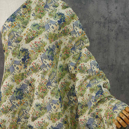 Pastoral Oil Painting Style Jacquard Fabric, Countryside Houses & Floral Weave, 56"Wide