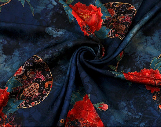 Red Floral Print Fabric: Polyester Spandex Blend, 59" Wide