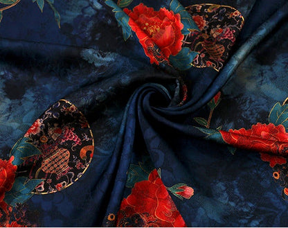 Red Floral Print Fabric: Polyester Spandex Blend, 59" Wide