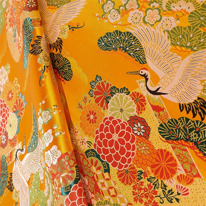 Japanese Crane Fabric: Gold Jacquard Satin, 29.5"W Rayon