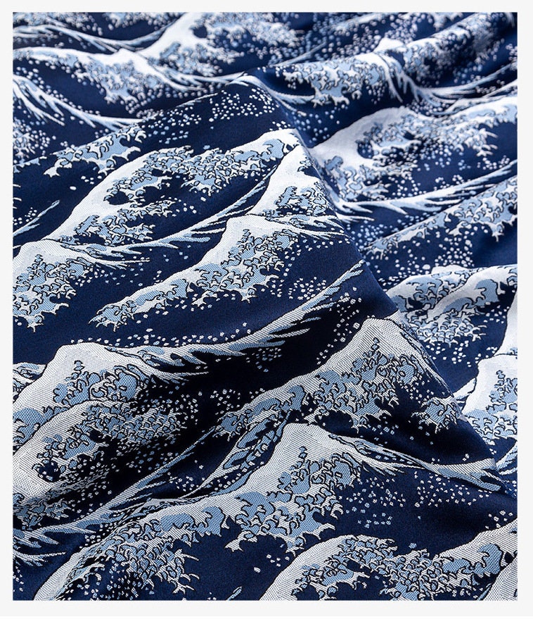 Japanese Brocade Fabric: Mt. Fuji Kimono Pattern, Blue Jacquard (59"W)
