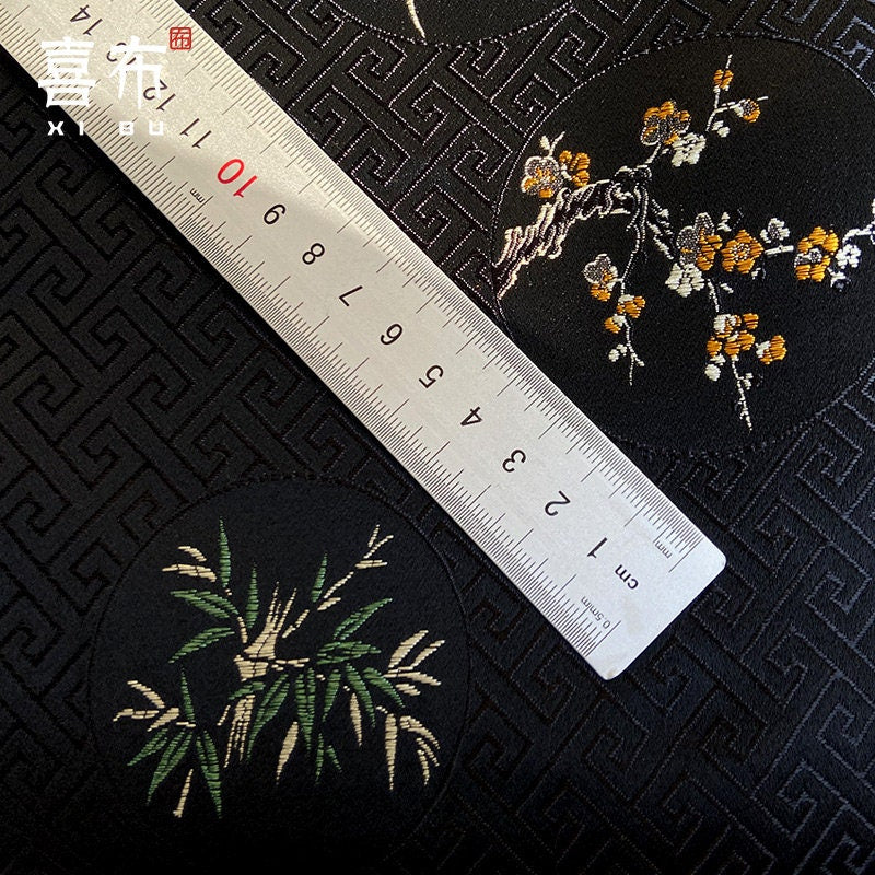 Floral Silk Brocade Fabric: Chinese Plum, Orchid, Bamboo - 29.5" Wide