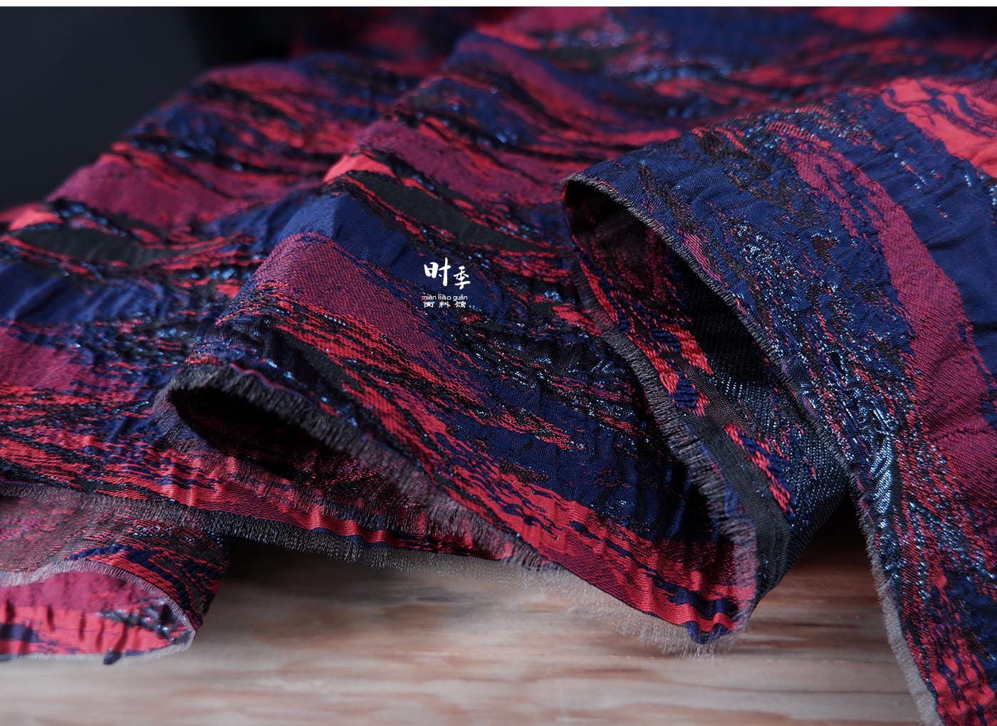 Gold Thread Jacquard Fabric: Red & Blue 3D Designer Fabric, 55"W