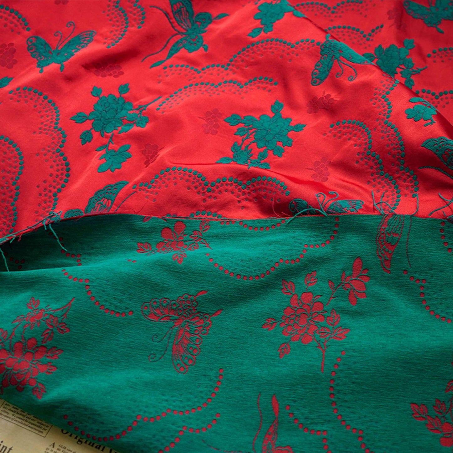 Butterfly Flower Chenille Jacquard Fabric: Red & Green Upholstery, Quilting (By The Meter)