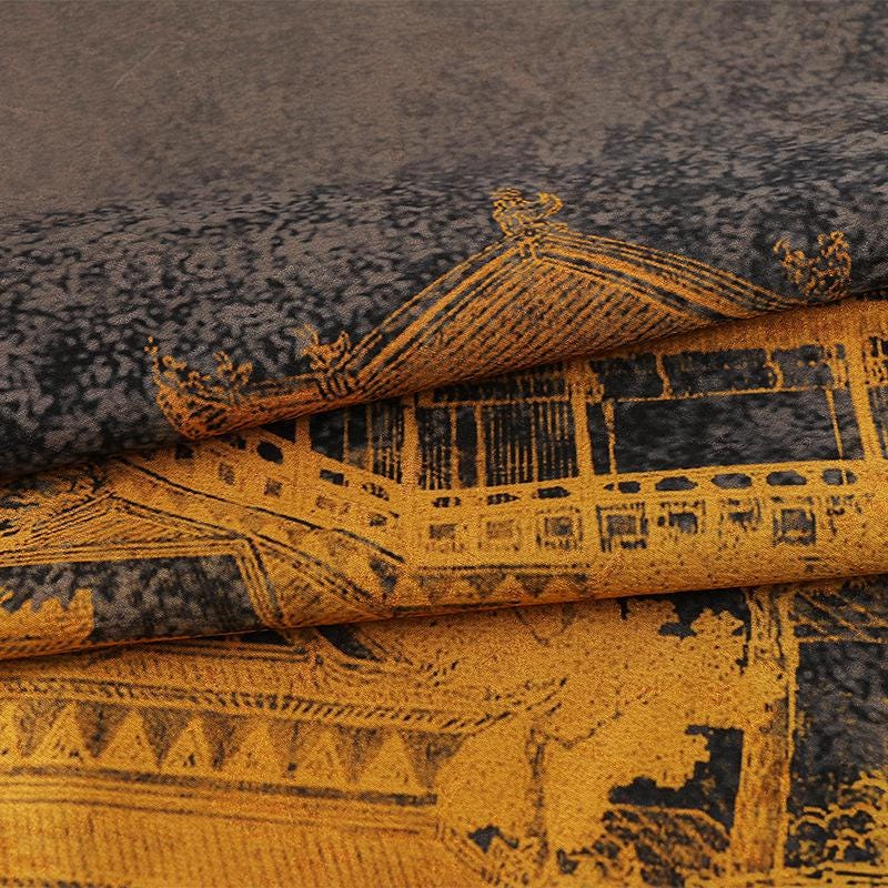 Ancient Architecture Tea Silk Satin Fabric - 59"W Upholstery & Costume