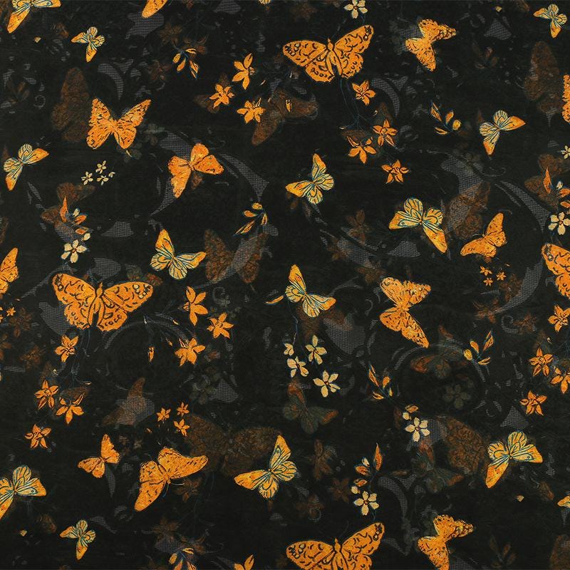 Black Base Butterfly Print Lustrous Rayon Silk Jacquard Fabric - 59" Wide