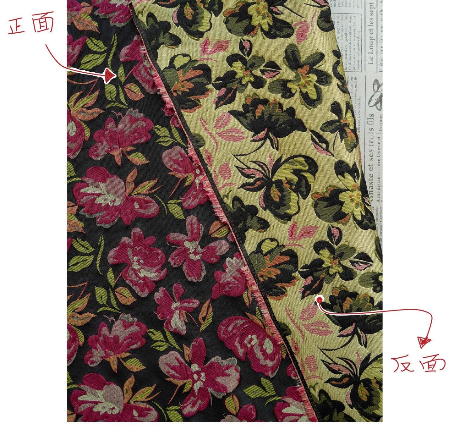 Embossed Floral Jacquard Fabric ��� Black & Pi" Wide