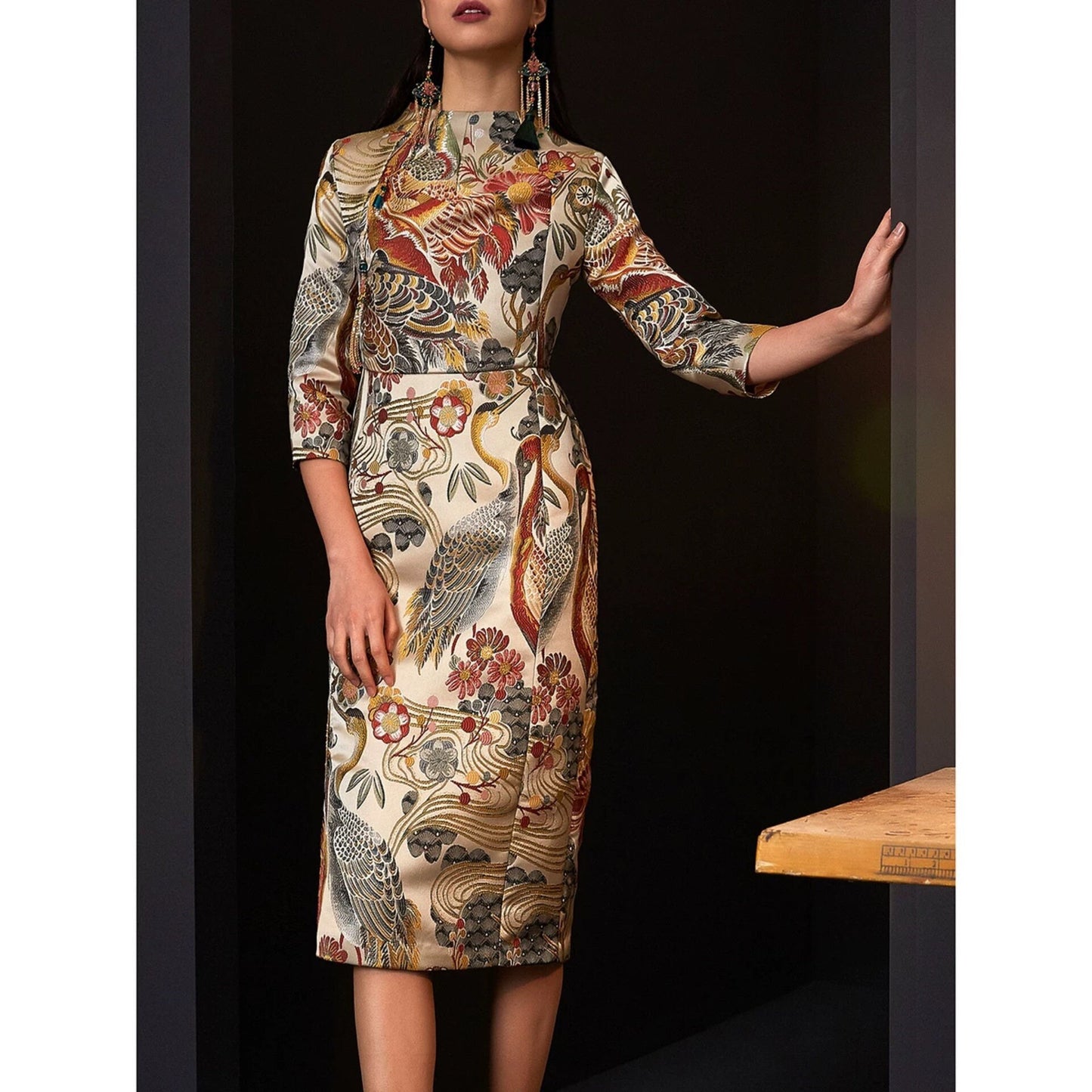 Crane & Flower Jacquard Fabric: Vintage Embroidery Style, 57" Wide