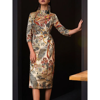 Crane & Flower Jacquard Fabric: Vintage Embroidery Style, 57" Wide