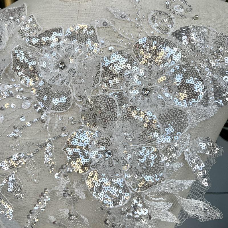 Embroidered Lace Trim: Sequined Floral Applique, Bridal Wedding Dress Fabric - By The Yard