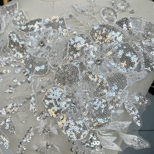 Embroidered Lace Trim: Sequined Floral Applique, Bridal Wedding Dress Fabric - By The Yard