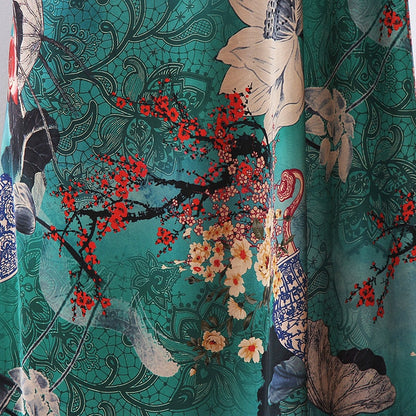 Jade Green Tea Silk Satin Fabric: Floral Crane Print, 59" Wide