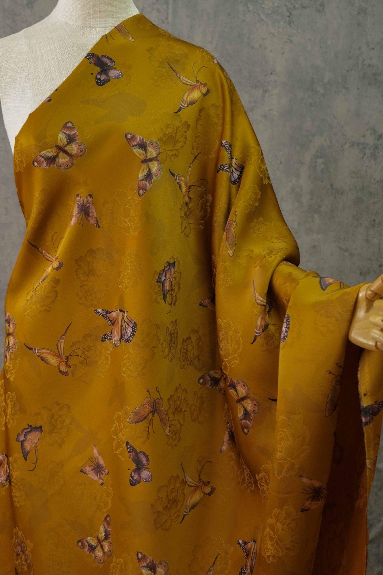 Butterfly Flower Tea Silk Satin Fabric: Digital Print (55"W)