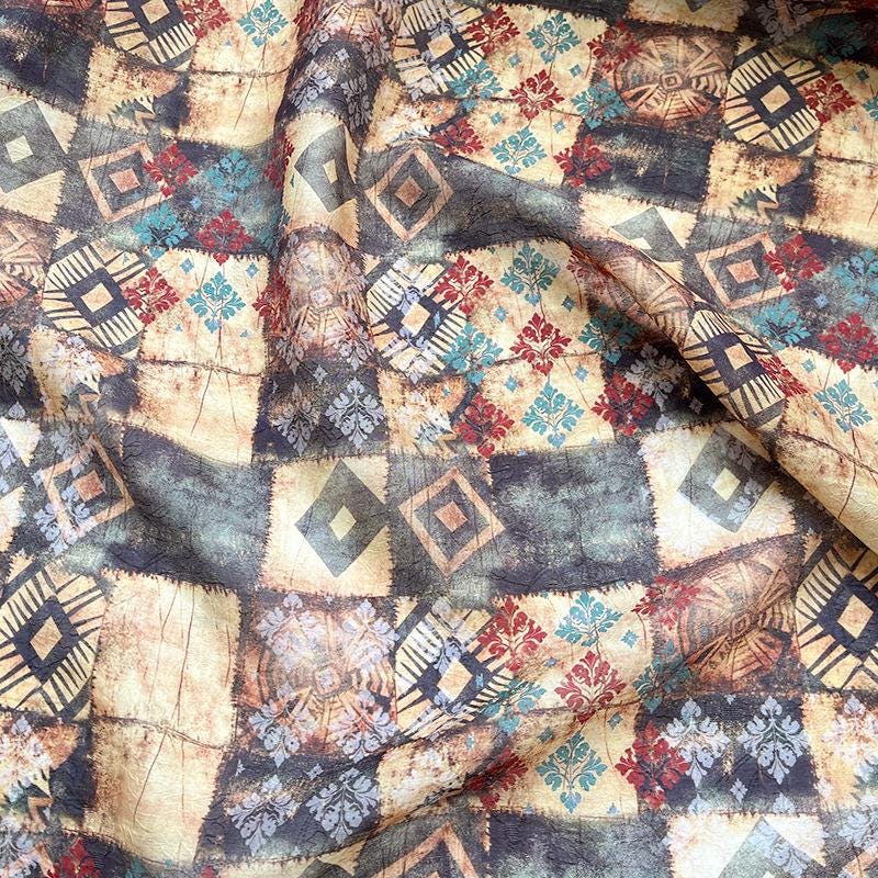 Tissu Tencel Ramie bohème : motif patchwork imprimé, 150 cm de large, vendu au mètre