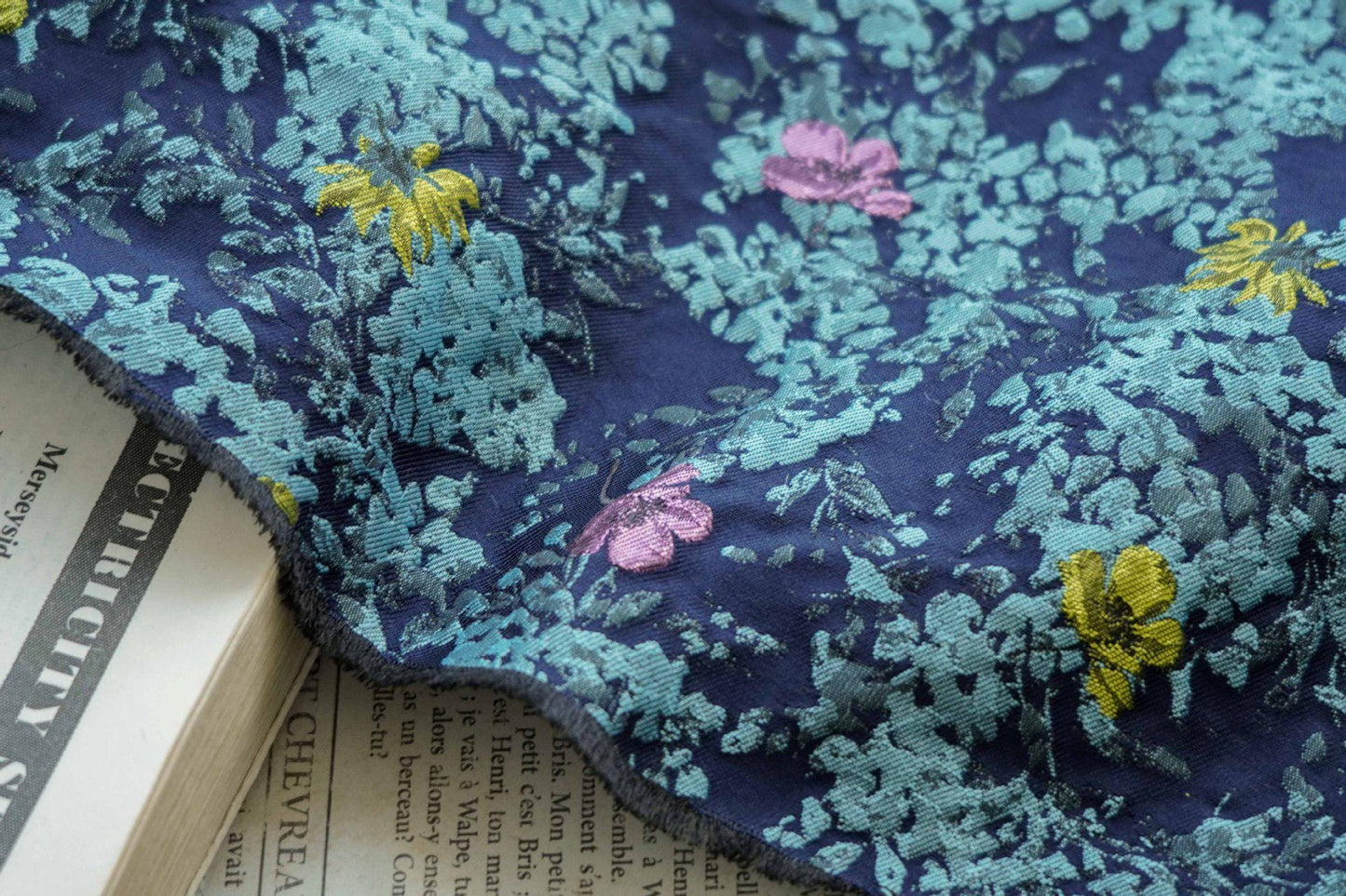 Blue Floral Embossed Jacquard Fabric: DIY Handbag & Upholstery Material (64" Wide)