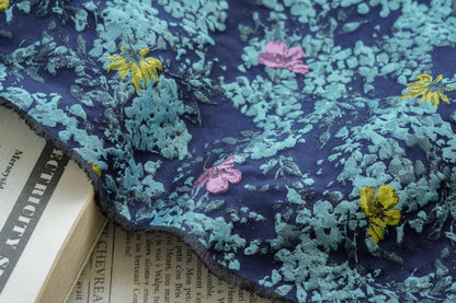 Blue Floral Embossed Jacquard Fabric: DIY Handbag & Upholstery Material (64" Wide)