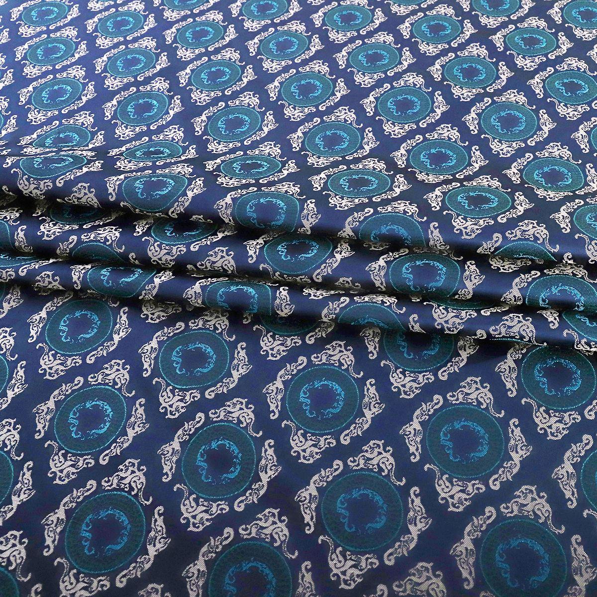 Navy Blue Zen Flower Brocade Fabric: 59" Upholstery & Costume