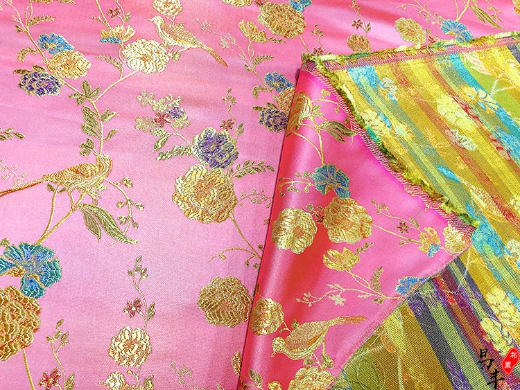 Bird Peony Jacquard Brocade Fabric: Golden Cheongsam Qipao Sewing, 59" Wide