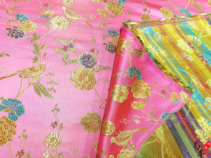 Bird Peony Jacquard Brocade Fabric: Golden Cheongsam Qipao Sewing, 59" Wide