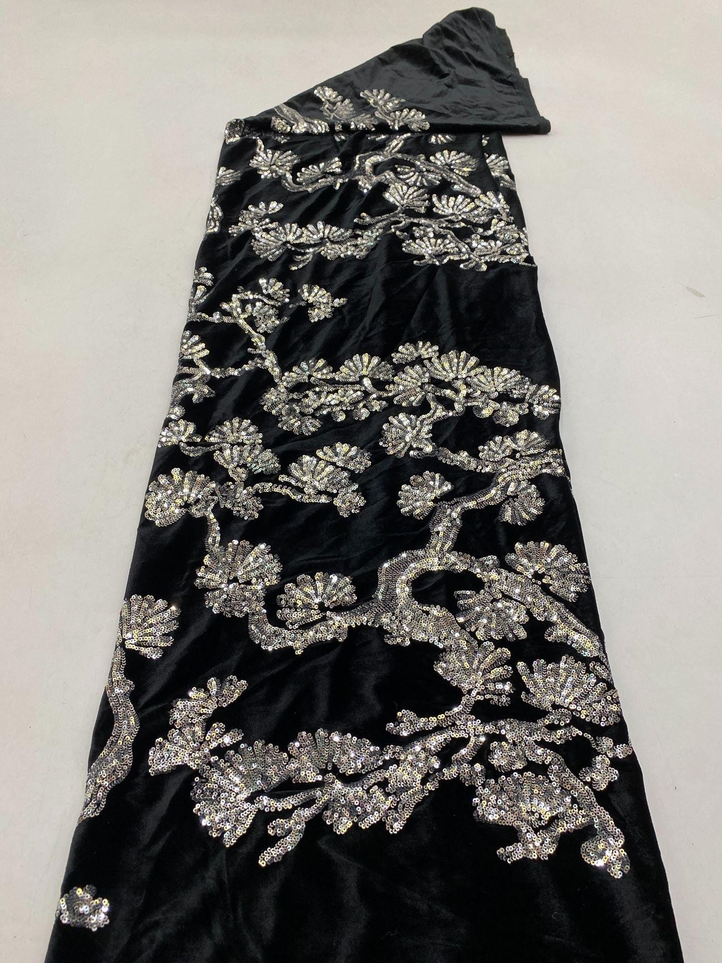 Velvet Embroidery Fabric: Beaded Pillar Design, 43"W Designer Material