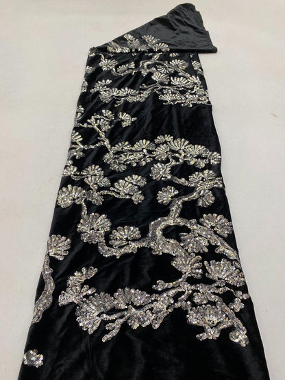 Velvet Embroidery Fabric: Beaded Pillar Design, 43"W Designer Material