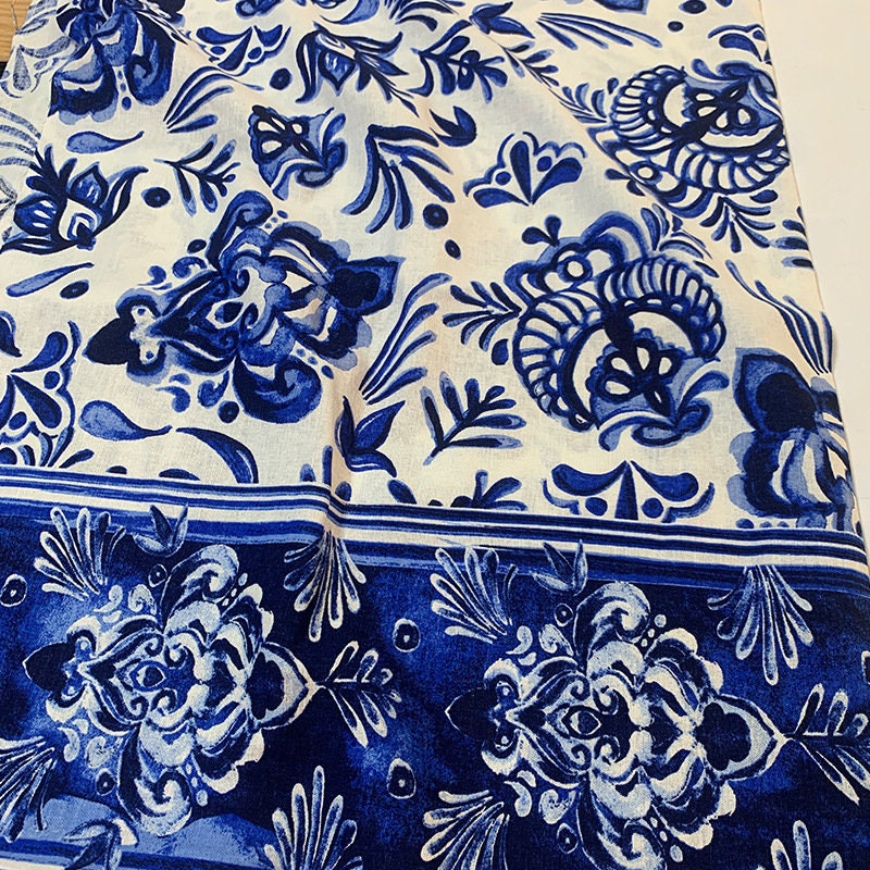Blue Floral Printed Cotton Fabric: Cheongsam Dress Sewing Material