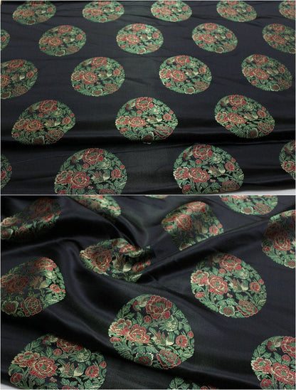 Black Floral Brocade Satin Fabric: Chinese Style (35.5" W)