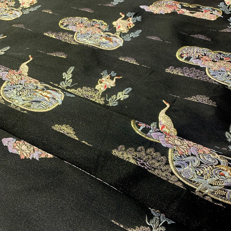 Black Crane Brocade Fabric with Gold Thread - 57"W Rayon Jacquard