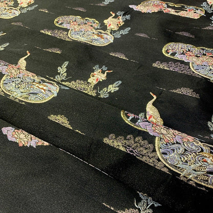 Black Crane Brocade Fabric with Gold Thread - 57"W Rayon Jacquard