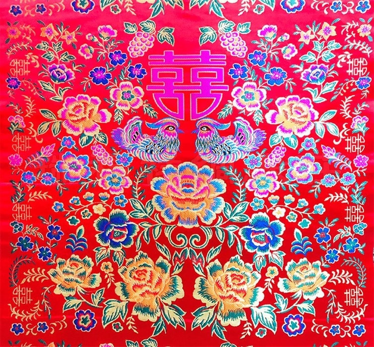 Chinese Wedding Cheongsam Fabric: Double XI Embroidery, Tapestry Satin Brocade
