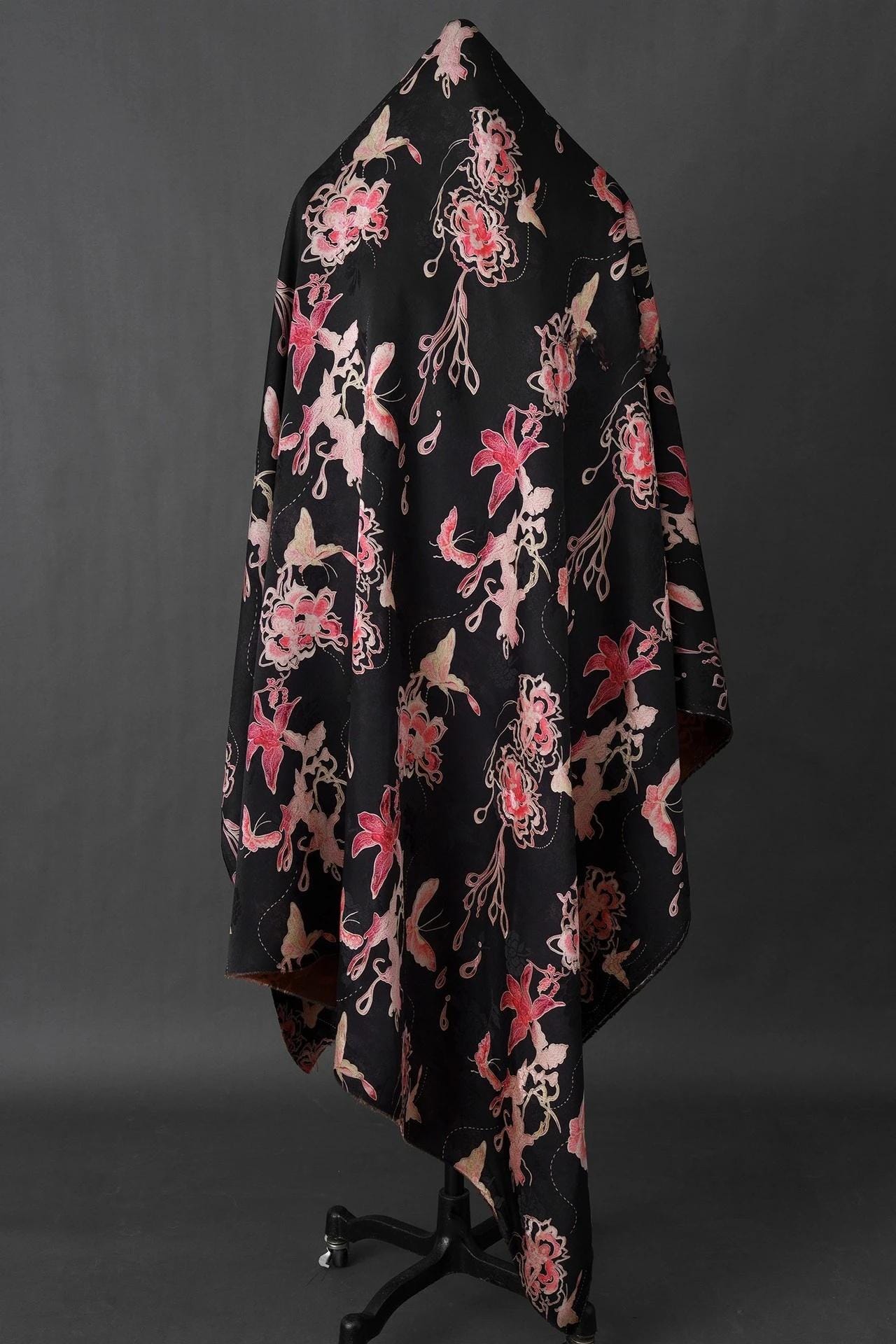 Black Butterfly Floral Xiangyun Silk Fabric ��� Smooth, Skin-Friendly Printed Sandwashed rayo